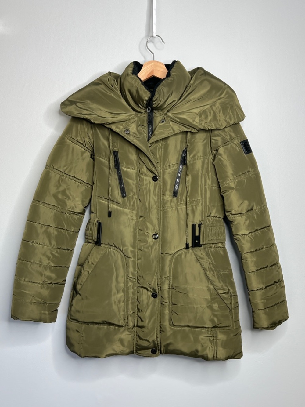 Rocawear Classic Olive Green Belted Puffer Coat Funnel Neck Size S